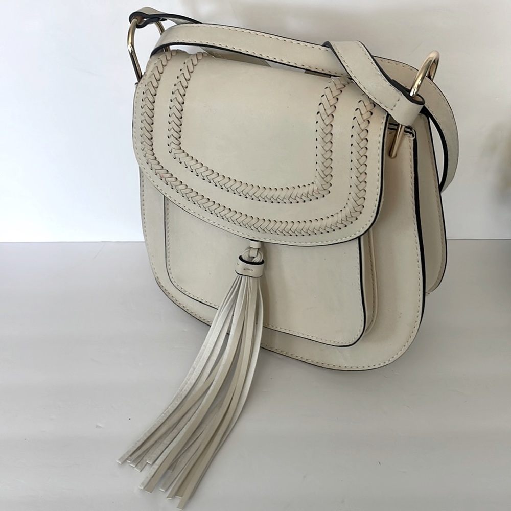 Cream Braided Flap Crossbody Bag with Tassel